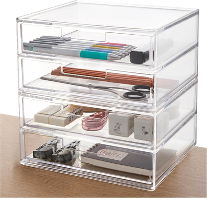 Stackable Desk Drawer Organizer, Clear Pen Pencil Makeup Brush Holder for Desktops and Vanities, 4 Wide Drawers (Made in USA)