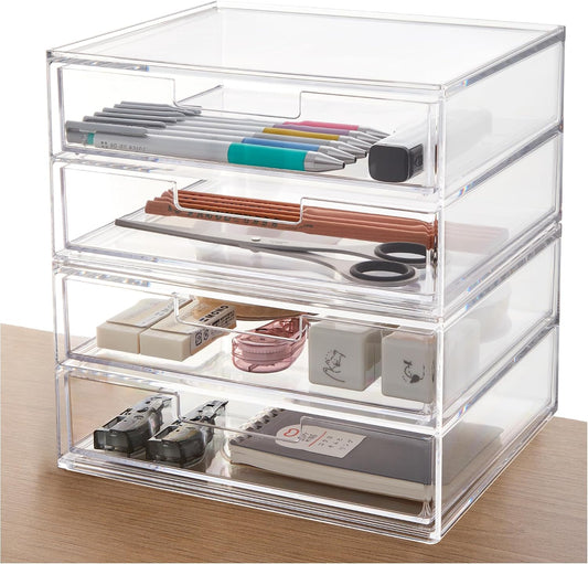 Stackable Desk Drawer Organizer, Clear Pen Pencil Makeup Brush Holder for Desktops and Vanities, 4 Wide Drawers (Made in USA)