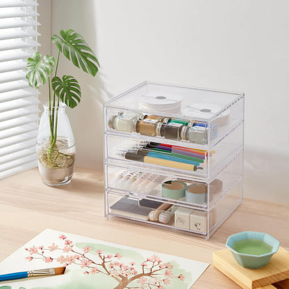 Stackable Desk Drawer Organizer, Clear Pen Pencil Makeup Brush Holder for Desktops and Vanities, 4 Wide Drawers (Made in USA)