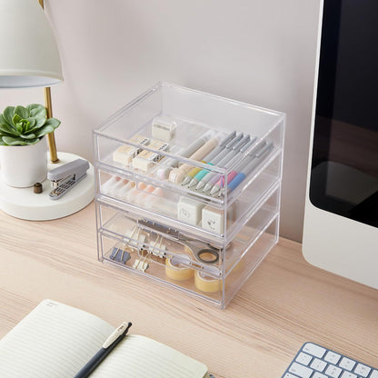 Stackable Desk Drawer Organizer, Clear Pen Pencil Makeup Brush Holder for Desktops and Vanities, 4 Wide Drawers (Made in USA)