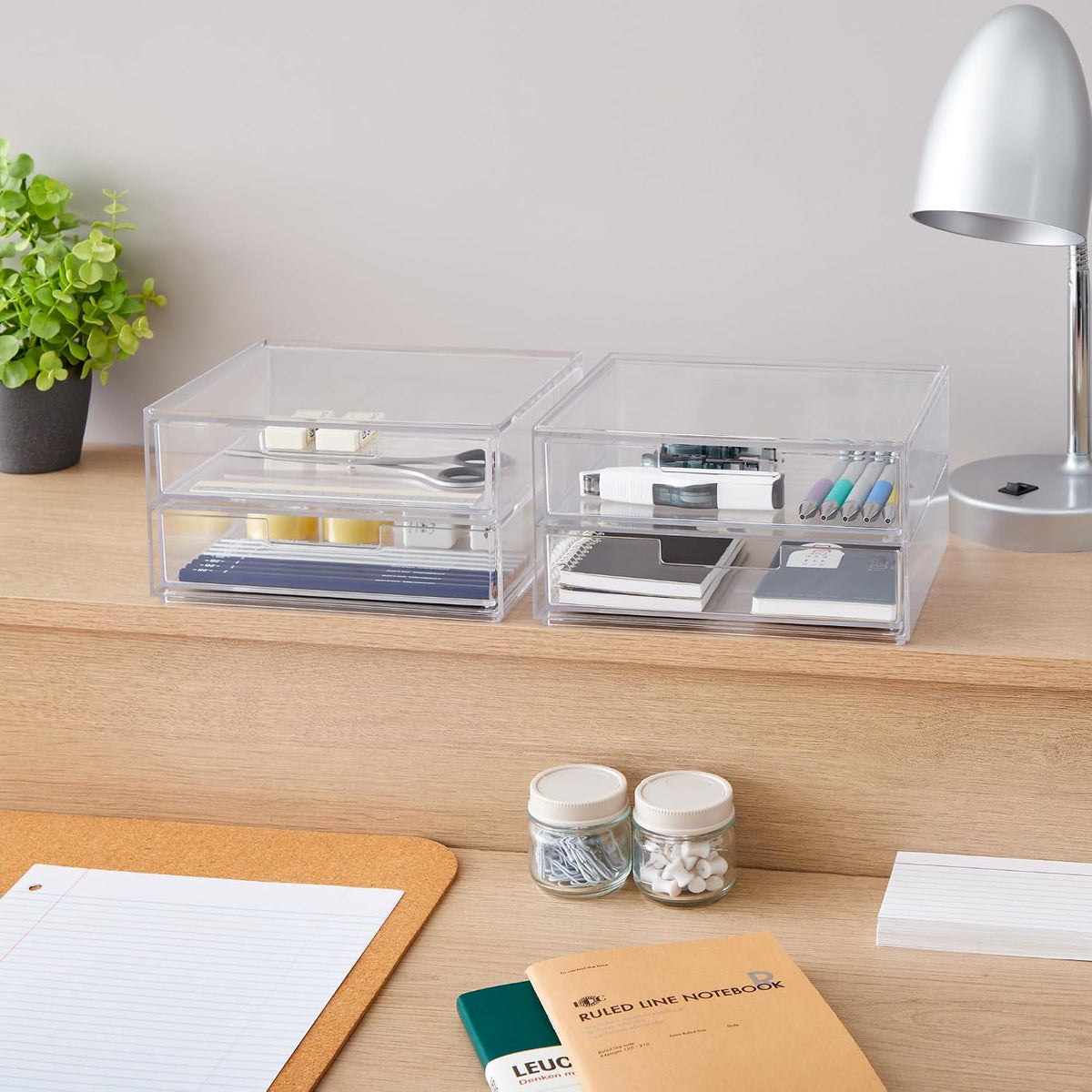 Stackable Desk Drawer Organizer, Clear Pen Pencil Makeup Brush Holder for Desktops and Vanities, 4 Wide Drawers (Made in USA)