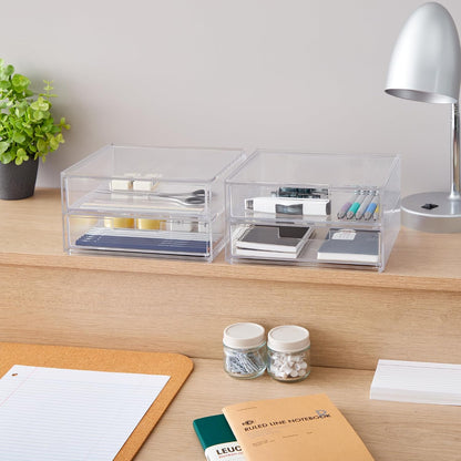 Stackable Desk Drawer Organizer, Clear Pen Pencil Makeup Brush Holder for Desktops and Vanities, 4 Wide Drawers (Made in USA)