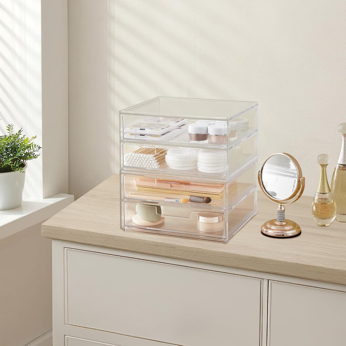 Stackable Desk Drawer Organizer, Clear Pen Pencil Makeup Brush Holder for Desktops and Vanities, 4 Wide Drawers (Made in USA)
