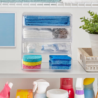 Stackable Desk Drawer Organizer, Clear Pen Pencil Makeup Brush Holder for Desktops and Vanities, 4 Wide Drawers (Made in USA)