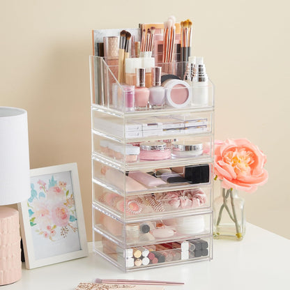 Stackable Desk Drawer Organizer, Clear Pen Pencil Makeup Brush Holder for Desktops and Vanities, 4 Wide Drawers (Made in USA)