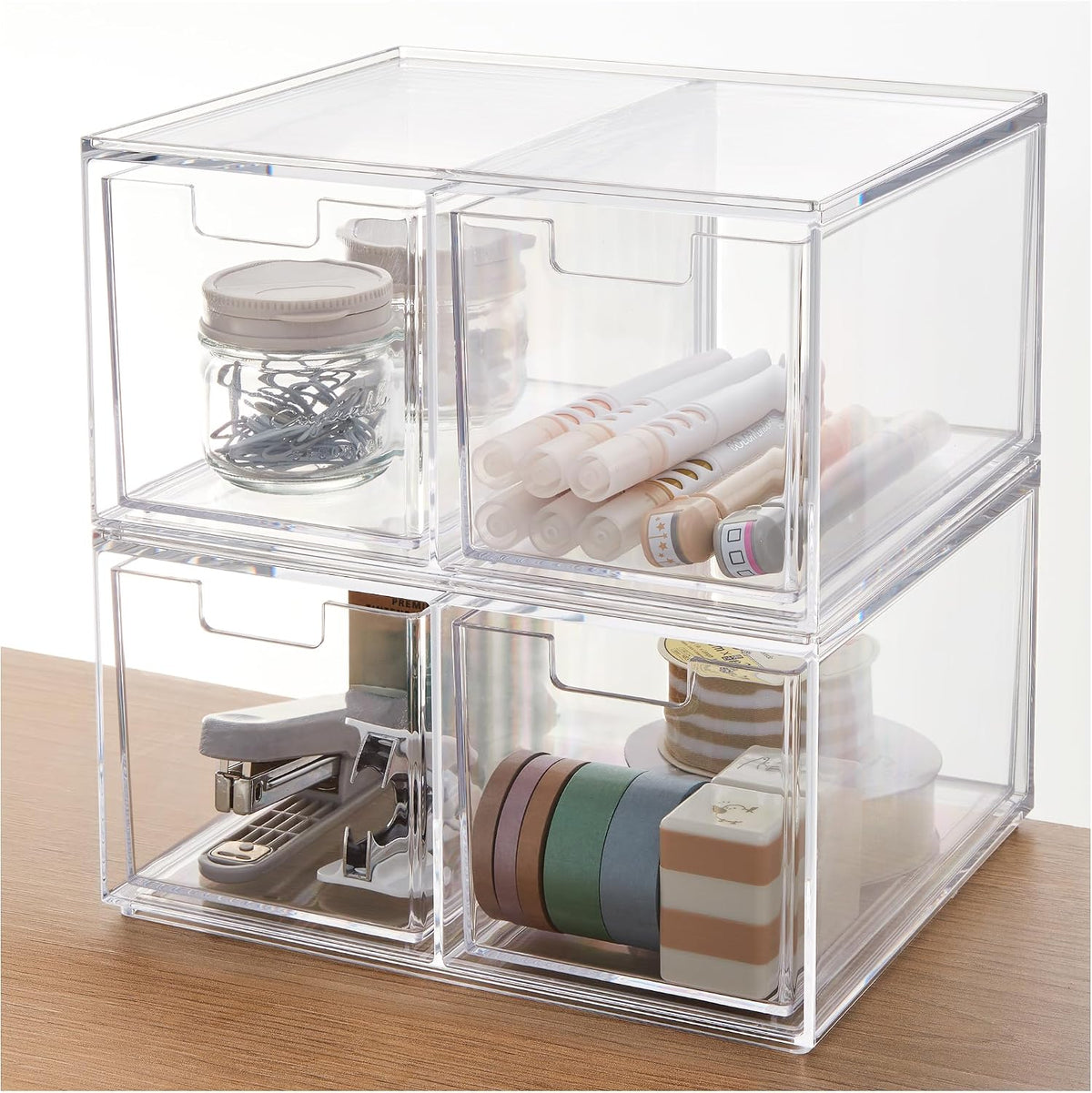Stackable Desk Drawer Organizer, Clear Pen Pencil Makeup Brush Holder for Desktops and Vanities, 4 Wide Drawers (Made in USA)