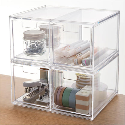 Stackable Desk Drawer Organizer, Clear Pen Pencil Makeup Brush Holder for Desktops and Vanities, 4 Wide Drawers (Made in USA)