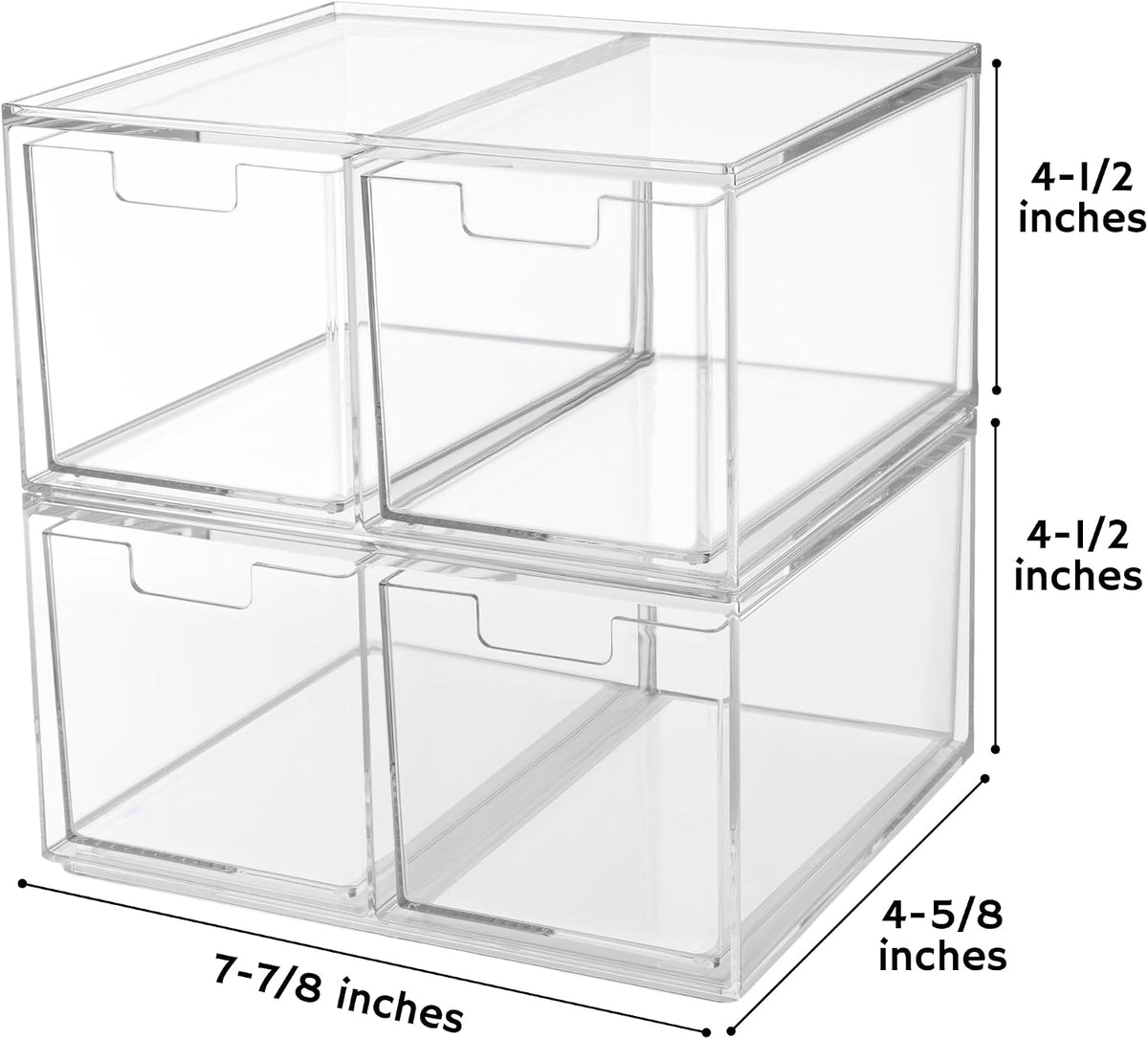 Stackable Desk Drawer Organizer, Clear Pen Pencil Makeup Brush Holder for Desktops and Vanities, 4 Wide Drawers (Made in USA)