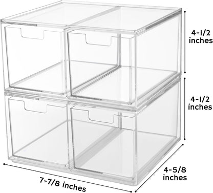 Stackable Desk Drawer Organizer, Clear Pen Pencil Makeup Brush Holder for Desktops and Vanities, 4 Wide Drawers (Made in USA)