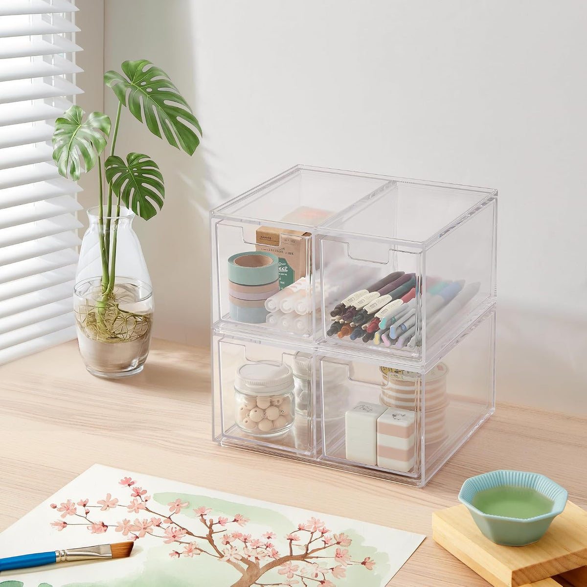 Stackable Desk Drawer Organizer, Clear Pen Pencil Makeup Brush Holder for Desktops and Vanities, 4 Wide Drawers (Made in USA)