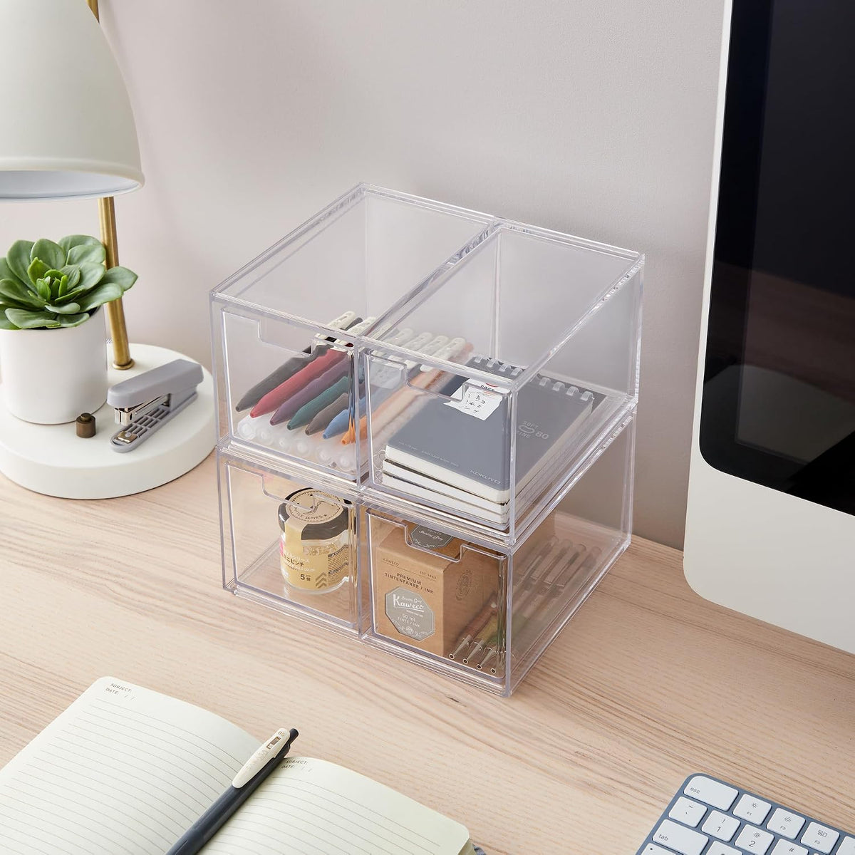 Stackable Desk Drawer Organizer, Clear Pen Pencil Makeup Brush Holder for Desktops and Vanities, 4 Wide Drawers (Made in USA)