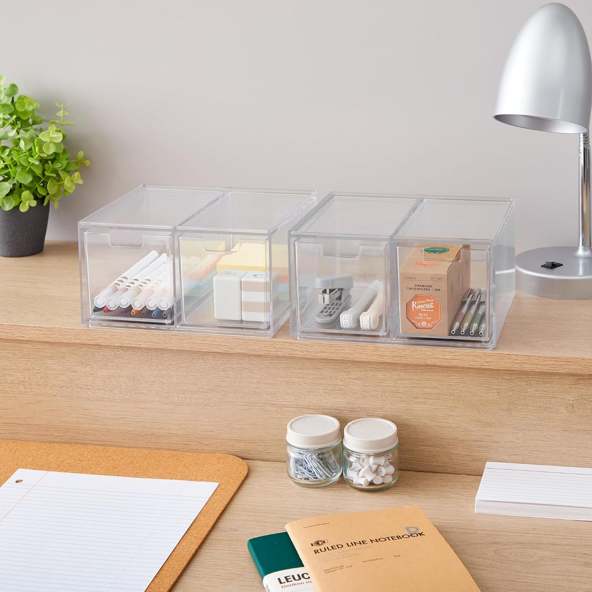 Stackable Desk Drawer Organizer, Clear Pen Pencil Makeup Brush Holder for Desktops and Vanities, 4 Wide Drawers (Made in USA)