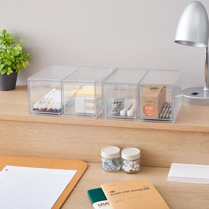 Stackable Desk Drawer Organizer, Clear Pen Pencil Makeup Brush Holder for Desktops and Vanities, 4 Wide Drawers (Made in USA)