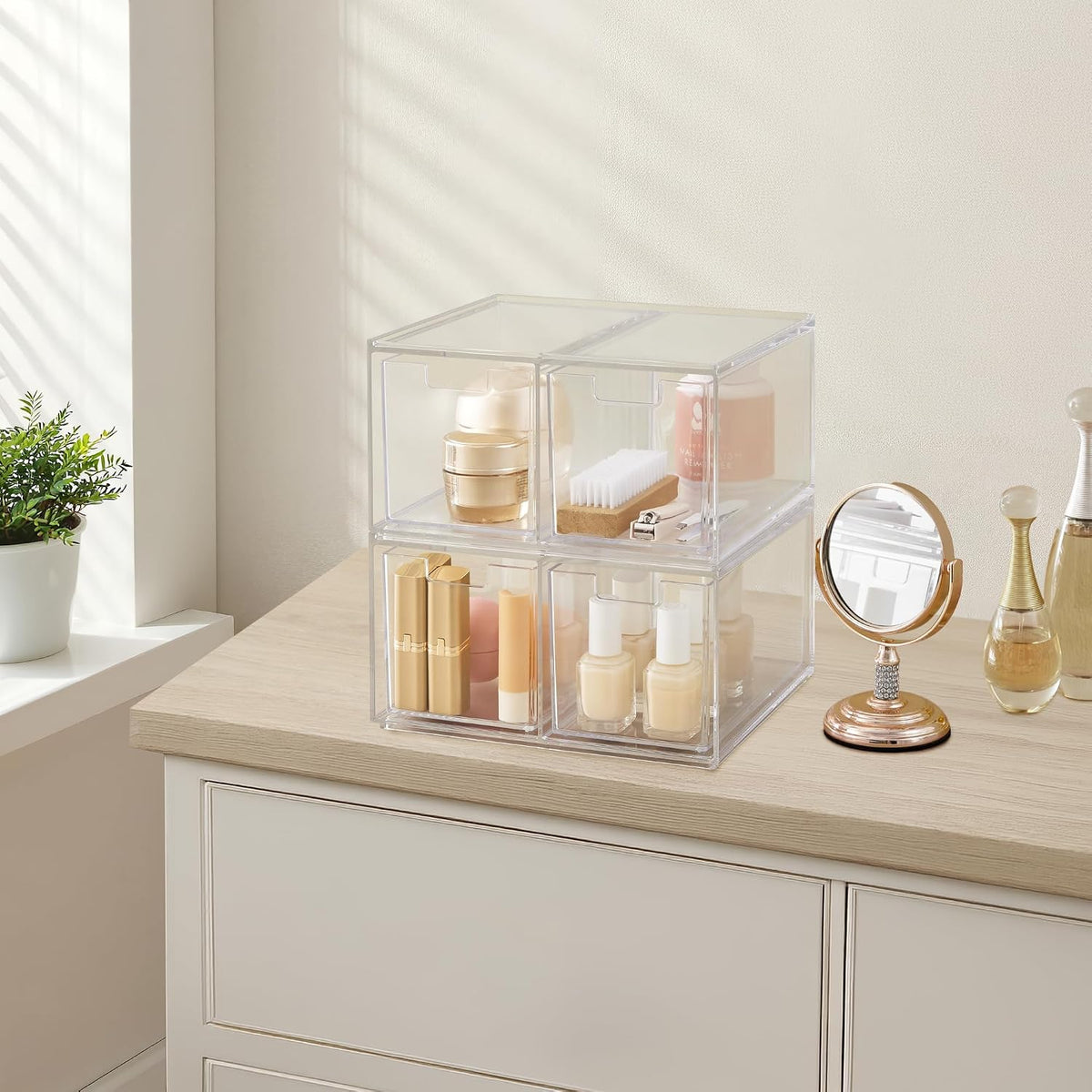 Stackable Desk Drawer Organizer, Clear Pen Pencil Makeup Brush Holder for Desktops and Vanities, 4 Wide Drawers (Made in USA)