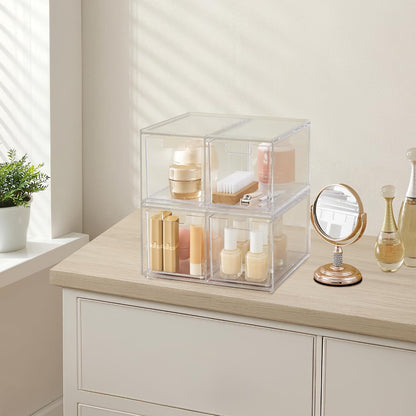 Stackable Desk Drawer Organizer, Clear Pen Pencil Makeup Brush Holder for Desktops and Vanities, 4 Wide Drawers (Made in USA)