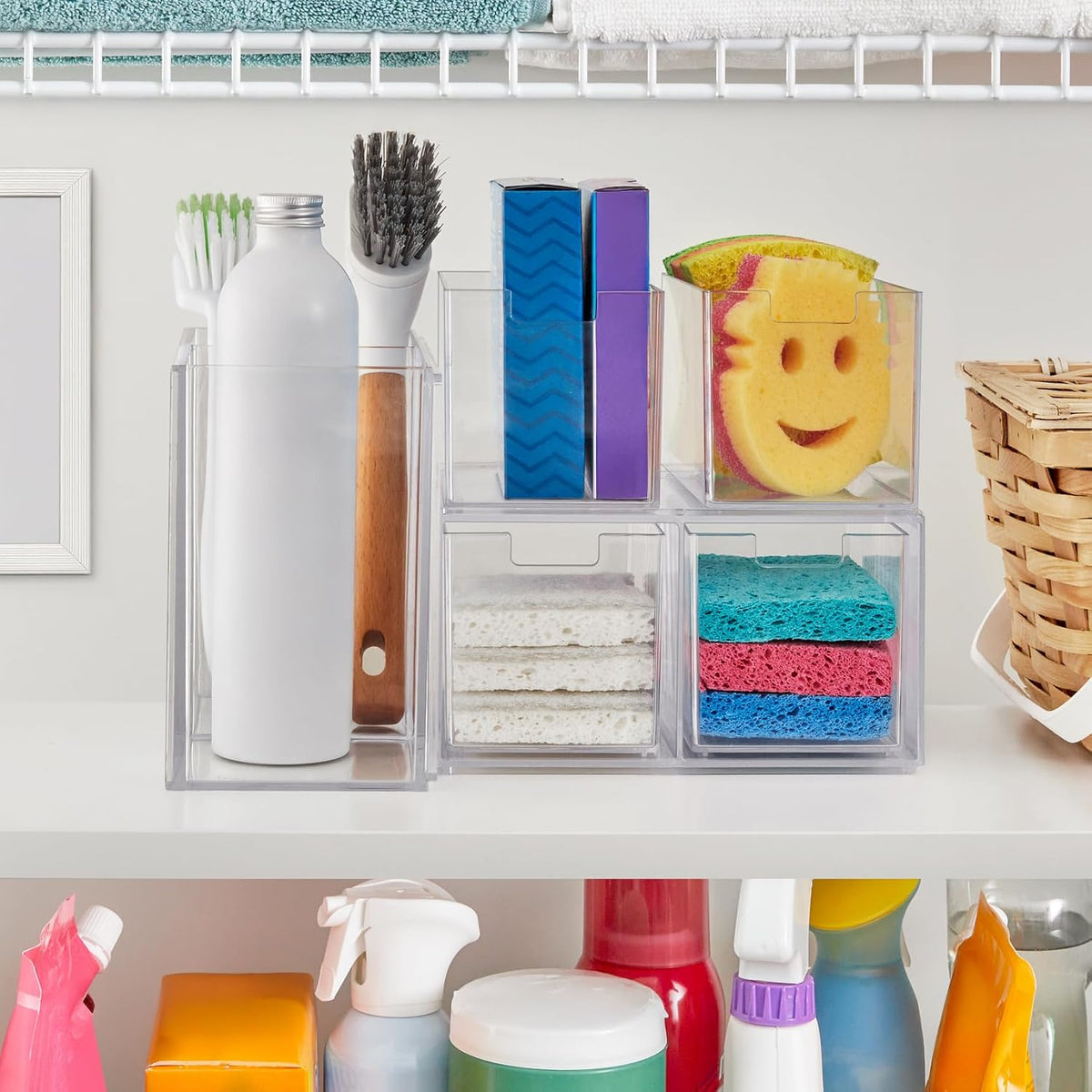Stackable Desk Drawer Organizer, Clear Pen Pencil Makeup Brush Holder for Desktops and Vanities, 4 Wide Drawers (Made in USA)