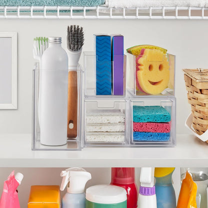 Stackable Desk Drawer Organizer, Clear Pen Pencil Makeup Brush Holder for Desktops and Vanities, 4 Wide Drawers (Made in USA)