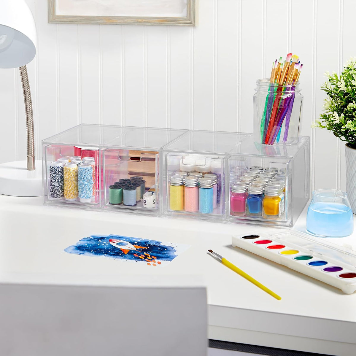 Stackable Desk Drawer Organizer, Clear Pen Pencil Makeup Brush Holder for Desktops and Vanities, 4 Wide Drawers (Made in USA)
