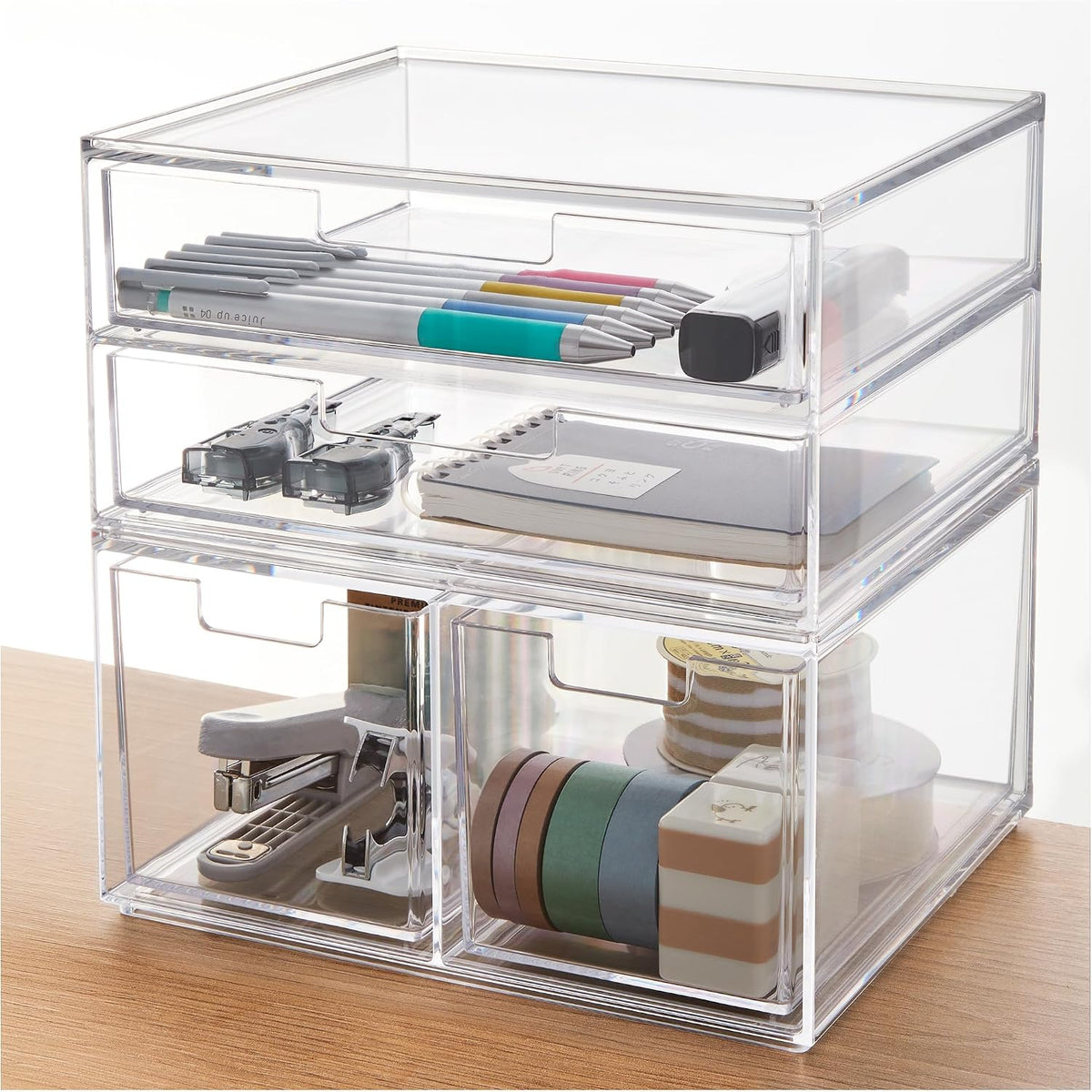 Stackable Desk Drawer Organizer, Clear Pen Pencil Makeup Brush Holder for Desktops and Vanities, 4 Wide Drawers (Made in USA)