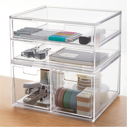Stackable Desk Drawer Organizer, Clear Pen Pencil Makeup Brush Holder for Desktops and Vanities, 4 Wide Drawers (Made in USA)
