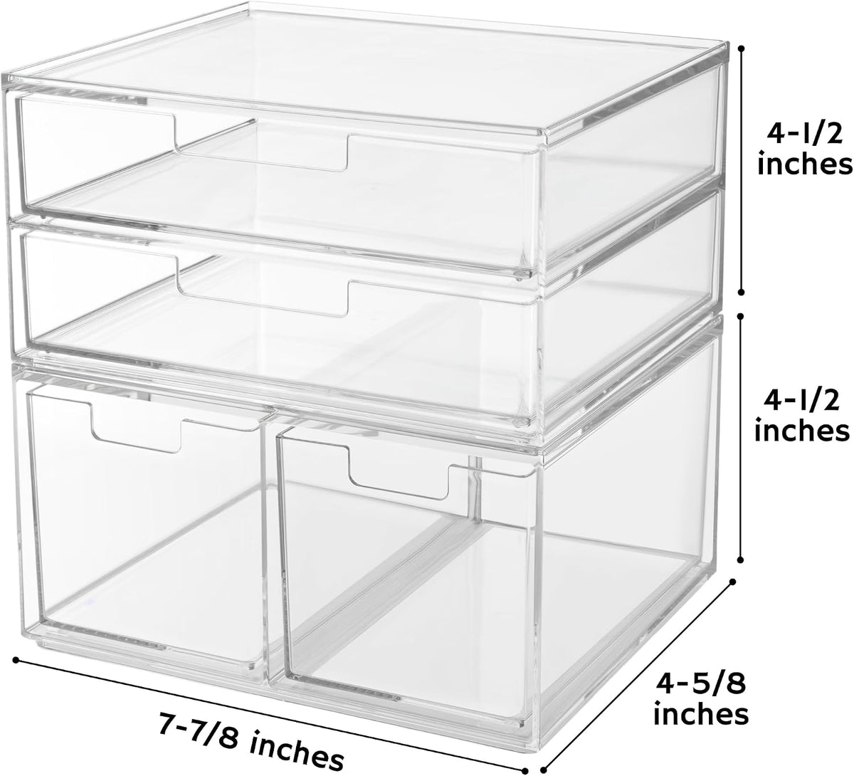 Stackable Desk Drawer Organizer, Clear Pen Pencil Makeup Brush Holder for Desktops and Vanities, 4 Wide Drawers (Made in USA)