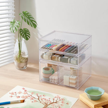 Stackable Desk Drawer Organizer, Clear Pen Pencil Makeup Brush Holder for Desktops and Vanities, 4 Wide Drawers (Made in USA)