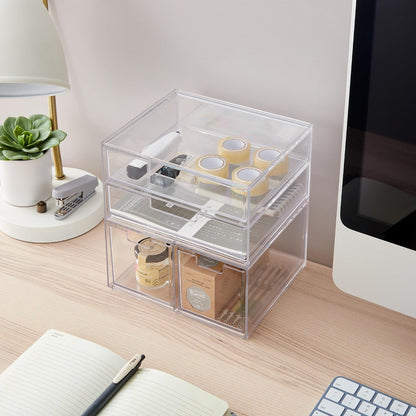 Stackable Desk Drawer Organizer, Clear Pen Pencil Makeup Brush Holder for Desktops and Vanities, 4 Wide Drawers (Made in USA)