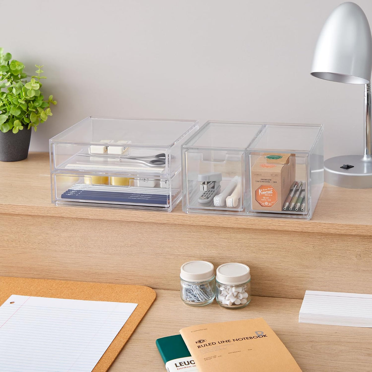 Stackable Desk Drawer Organizer, Clear Pen Pencil Makeup Brush Holder for Desktops and Vanities, 4 Wide Drawers (Made in USA)
