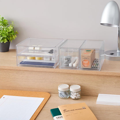 Stackable Desk Drawer Organizer, Clear Pen Pencil Makeup Brush Holder for Desktops and Vanities, 4 Wide Drawers (Made in USA)