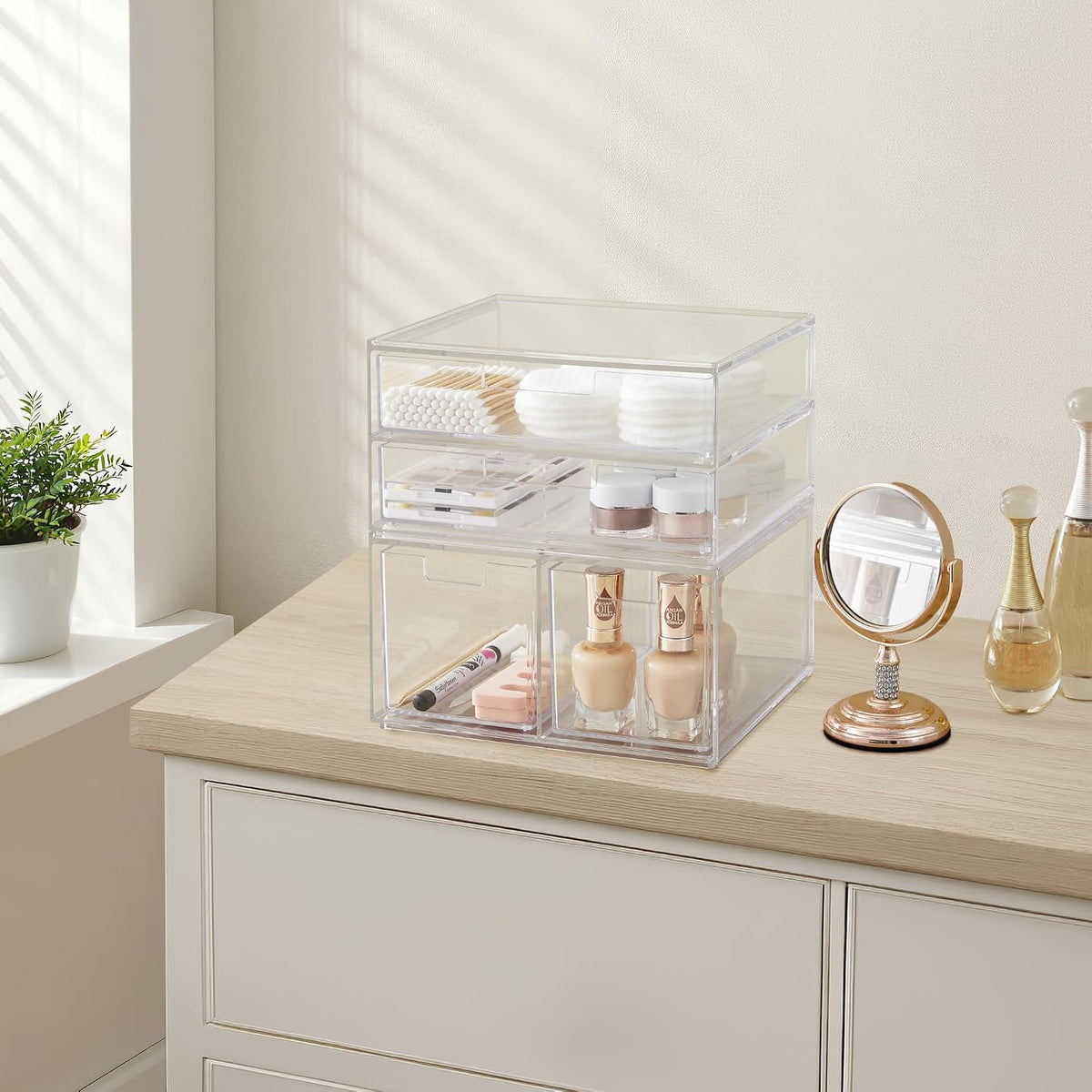Stackable Desk Drawer Organizer, Clear Pen Pencil Makeup Brush Holder for Desktops and Vanities, 4 Wide Drawers (Made in USA)