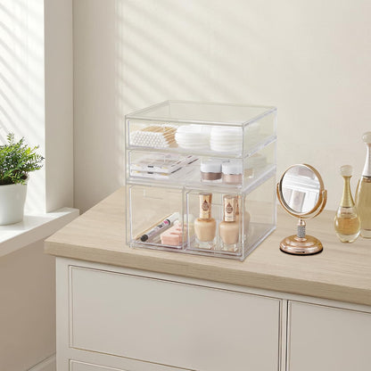 Stackable Desk Drawer Organizer, Clear Pen Pencil Makeup Brush Holder for Desktops and Vanities, 4 Wide Drawers (Made in USA)