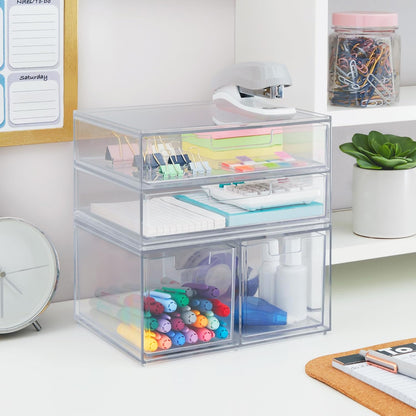 Stackable Desk Drawer Organizer, Clear Pen Pencil Makeup Brush Holder for Desktops and Vanities, 4 Wide Drawers (Made in USA)