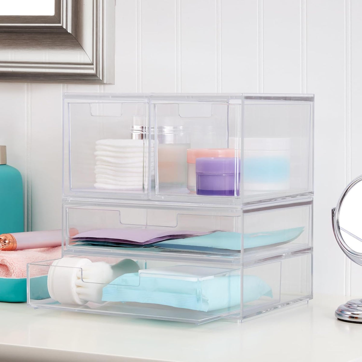 Stackable Desk Drawer Organizer, Clear Pen Pencil Makeup Brush Holder for Desktops and Vanities, 4 Wide Drawers (Made in USA)