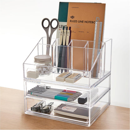 Stackable Desk Drawer Organizer, Clear Pen Pencil Makeup Brush Holder for Desktops and Vanities, 4 Wide Drawers (Made in USA)
