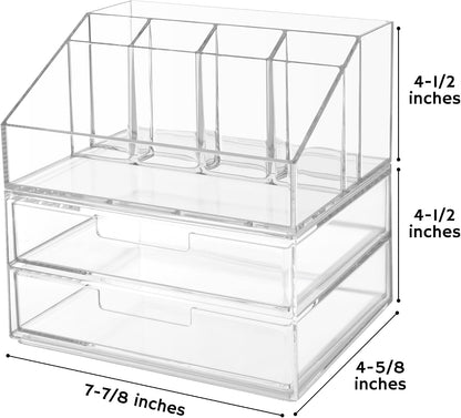 Stackable Desk Drawer Organizer, Clear Pen Pencil Makeup Brush Holder for Desktops and Vanities, 4 Wide Drawers (Made in USA)