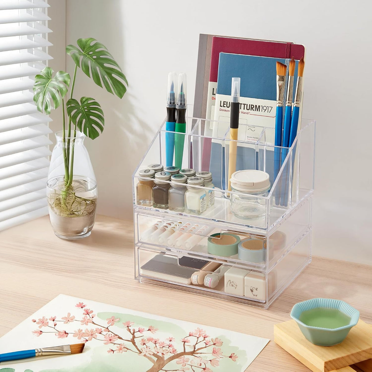 Stackable Desk Drawer Organizer, Clear Pen Pencil Makeup Brush Holder for Desktops and Vanities, 4 Wide Drawers (Made in USA)