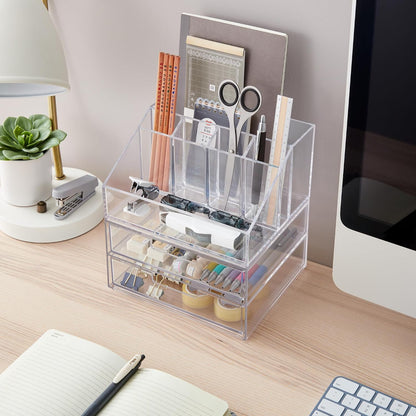 Stackable Desk Drawer Organizer, Clear Pen Pencil Makeup Brush Holder for Desktops and Vanities, 4 Wide Drawers (Made in USA)