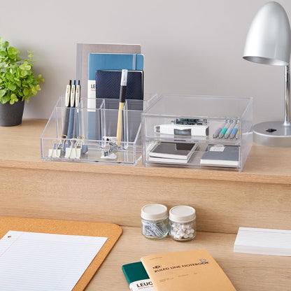 Stackable Desk Drawer Organizer, Clear Pen Pencil Makeup Brush Holder for Desktops and Vanities, 4 Wide Drawers (Made in USA)