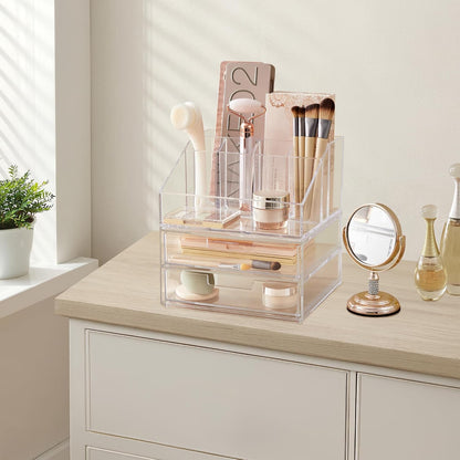 Stackable Desk Drawer Organizer, Clear Pen Pencil Makeup Brush Holder for Desktops and Vanities, 4 Wide Drawers (Made in USA)