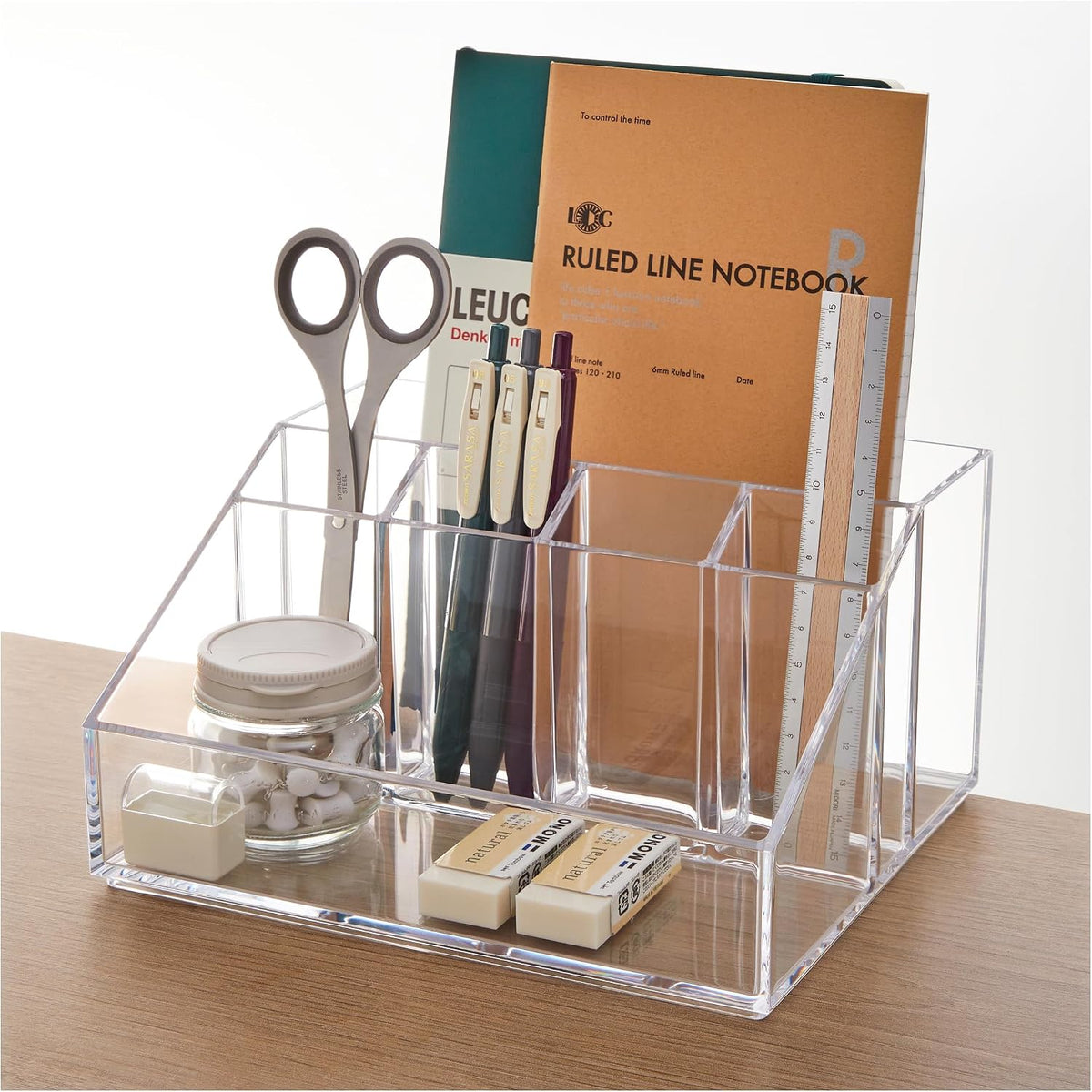 Stackable Desk Drawer Organizer, Clear Pen Pencil Makeup Brush Holder for Desktops and Vanities, 4 Wide Drawers (Made in USA)