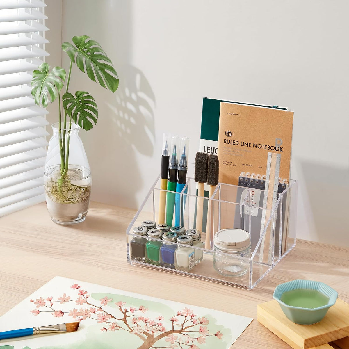 Stackable Desk Drawer Organizer, Clear Pen Pencil Makeup Brush Holder for Desktops and Vanities, 4 Wide Drawers (Made in USA)