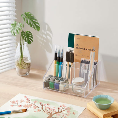 Stackable Desk Drawer Organizer, Clear Pen Pencil Makeup Brush Holder for Desktops and Vanities, 4 Wide Drawers (Made in USA)