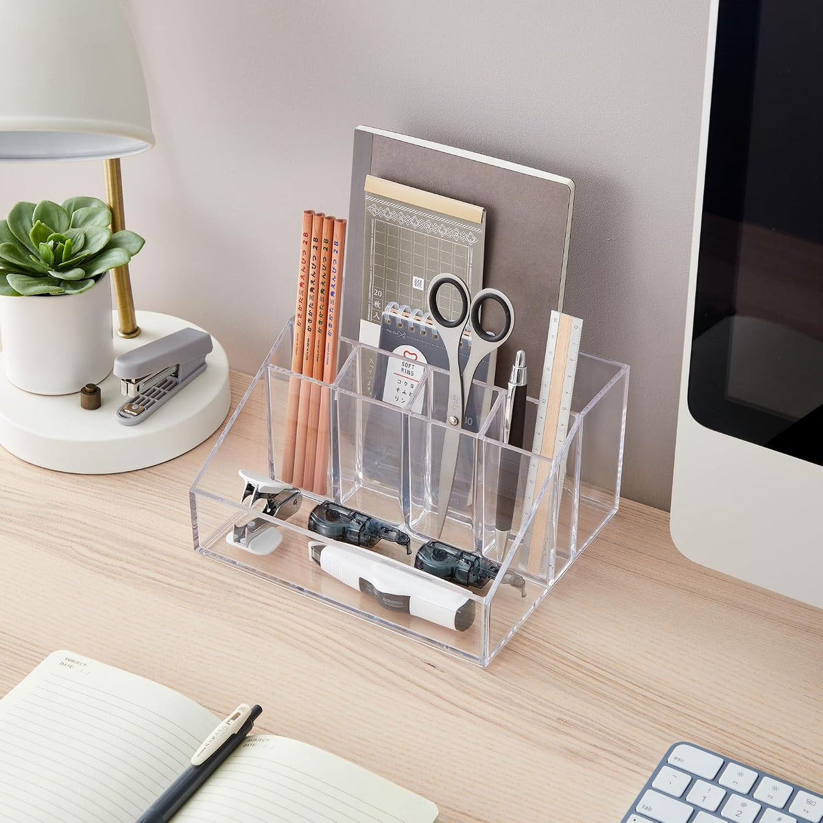 Stackable Desk Drawer Organizer, Clear Pen Pencil Makeup Brush Holder for Desktops and Vanities, 4 Wide Drawers (Made in USA)