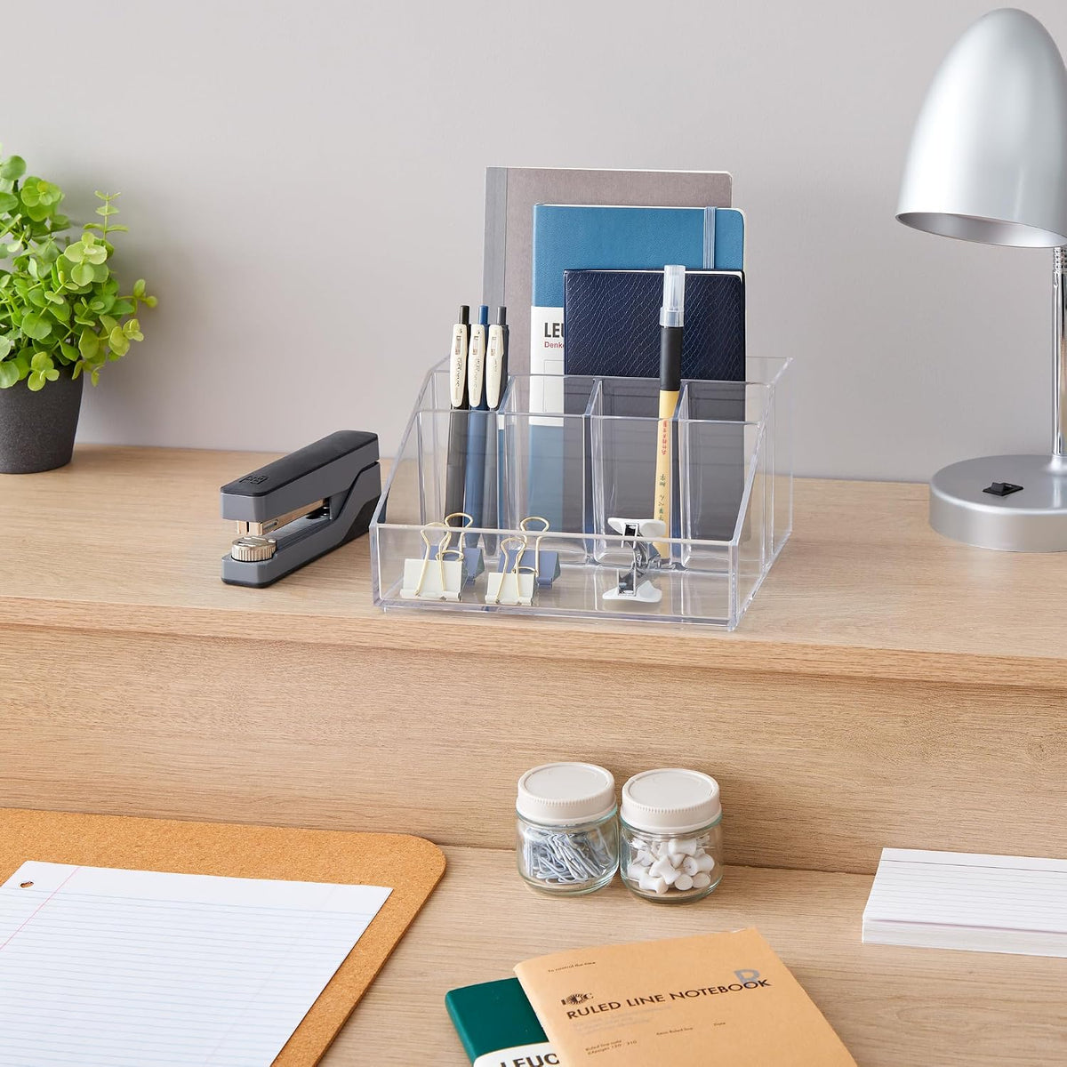 Stackable Desk Drawer Organizer, Clear Pen Pencil Makeup Brush Holder for Desktops and Vanities, 4 Wide Drawers (Made in USA)