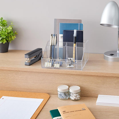 Stackable Desk Drawer Organizer, Clear Pen Pencil Makeup Brush Holder for Desktops and Vanities, 4 Wide Drawers (Made in USA)