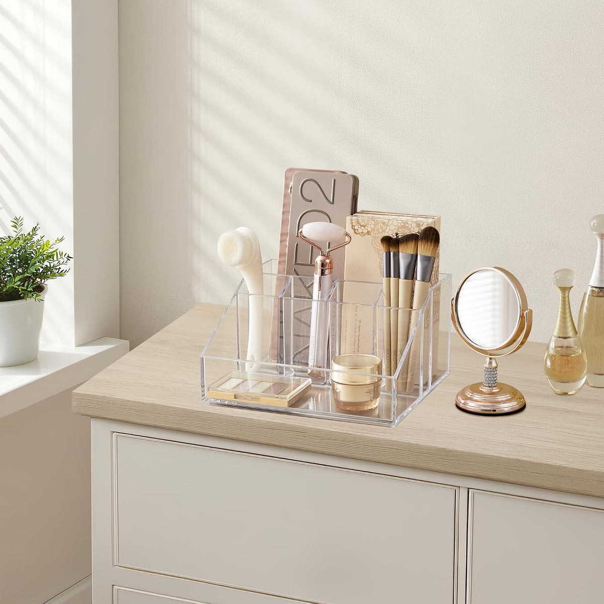 Stackable Desk Drawer Organizer, Clear Pen Pencil Makeup Brush Holder for Desktops and Vanities, 4 Wide Drawers (Made in USA)