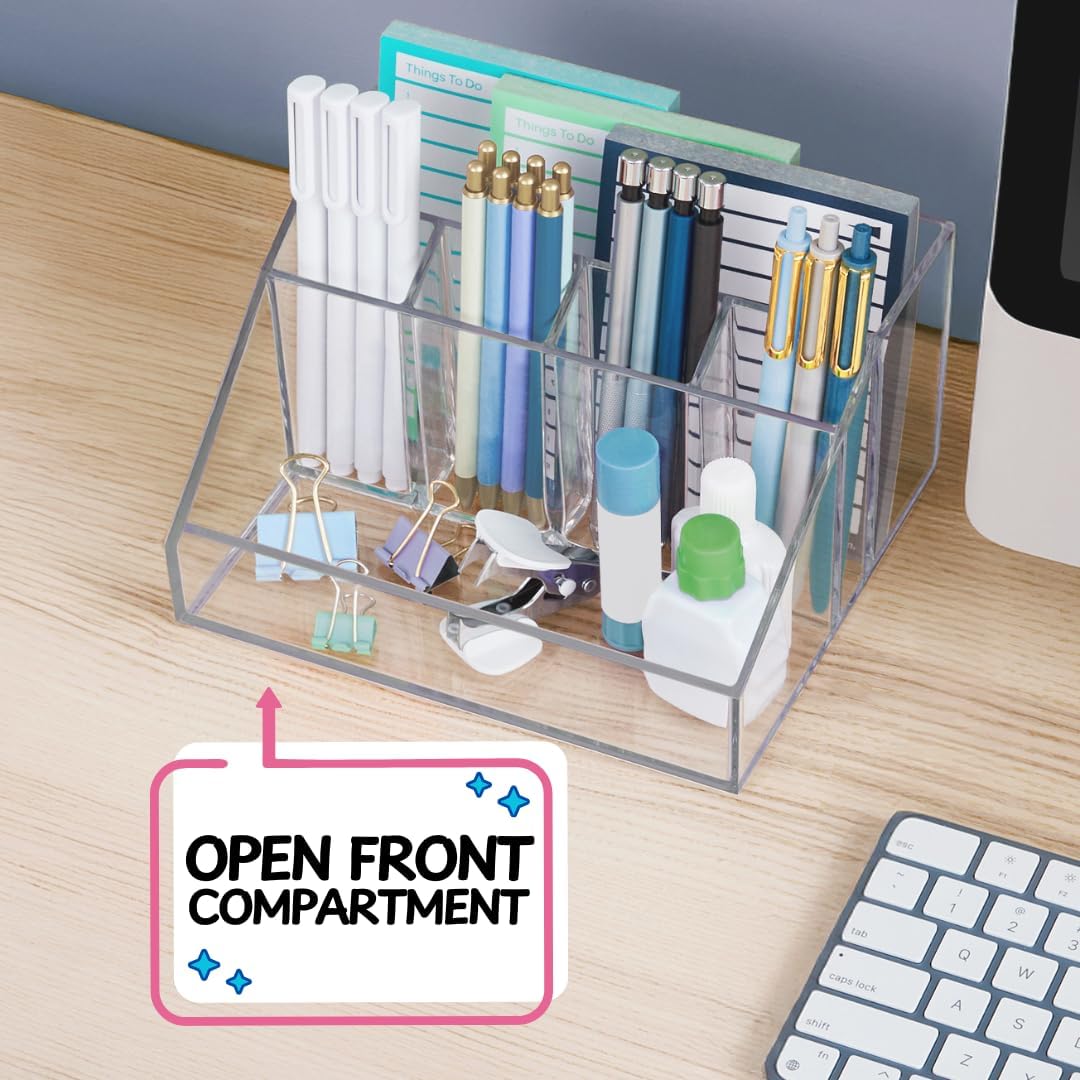 Stackable Desk Drawer Organizer, Clear Pen Pencil Makeup Brush Holder for Desktops and Vanities, 4 Wide Drawers (Made in USA)