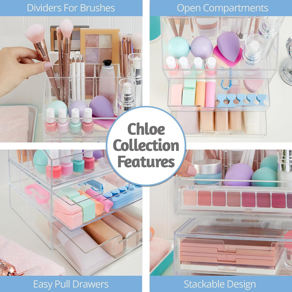 Stackable Desk Drawer Organizer, Clear Pen Pencil Makeup Brush Holder for Desktops and Vanities, 4 Wide Drawers (Made in USA)