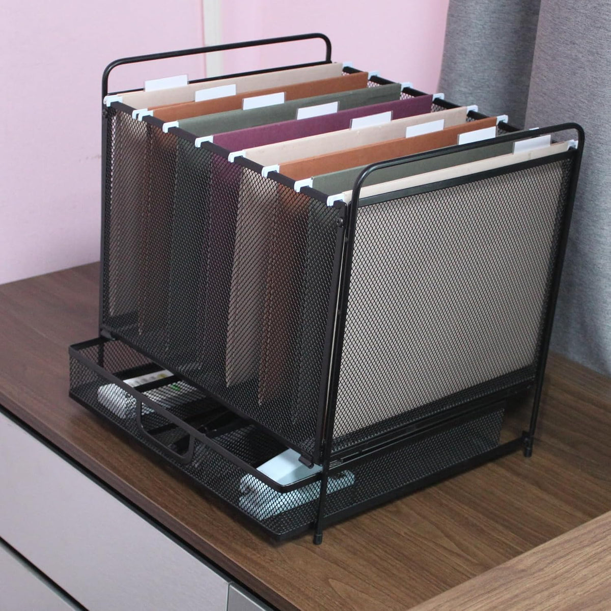 Mesh Desktop Hanging File Organizer with Drawer, Letter Size, Black
