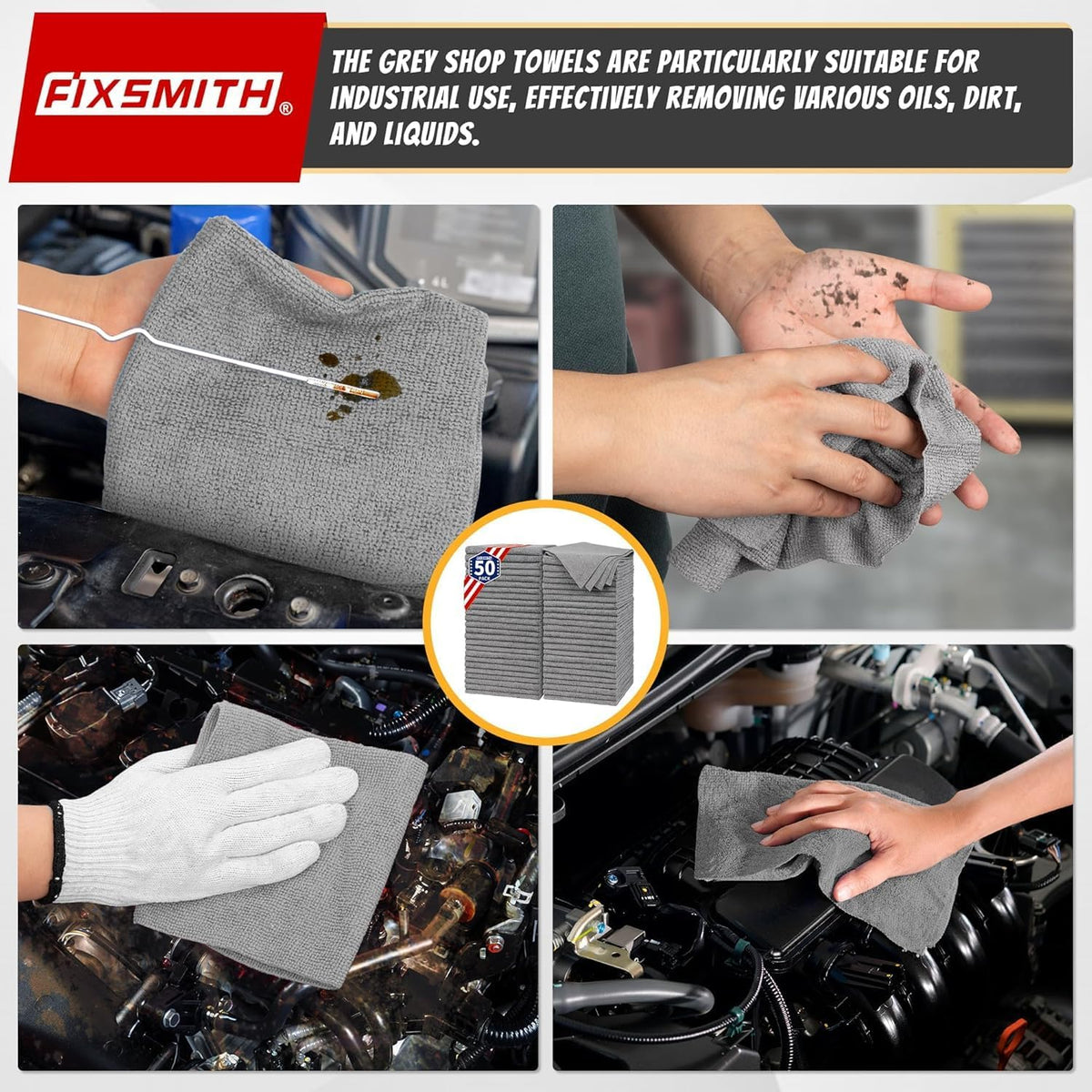 Shop Towels, Pack of 200, Grey Microfiber Cleaning Cloth Bulk, Microfiber Towels for Cars, All-Purpose Absorbent Cleaning Rags, Dust Cloth for Automotive, Mechanic, Garage, 11.5 x 11.5 inch